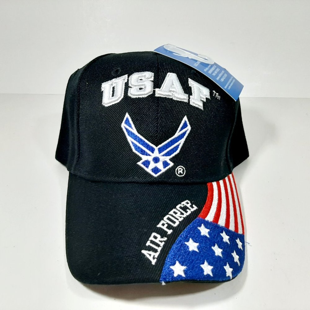 USAF AIR FORCE WING SIDE USA FLAG BALL CAP HAT BLA